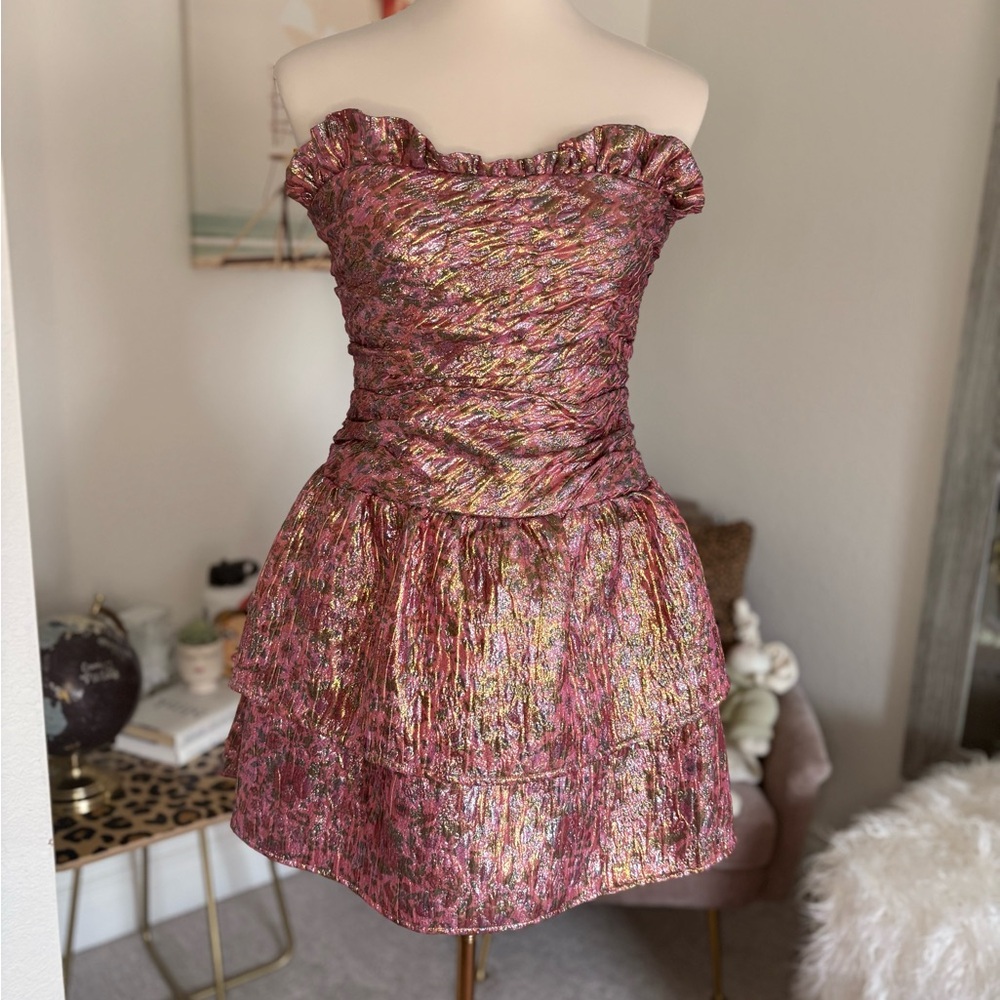 LoveShackFancy Metallic Rose and Gold Ruffled Strapless Party Dress
